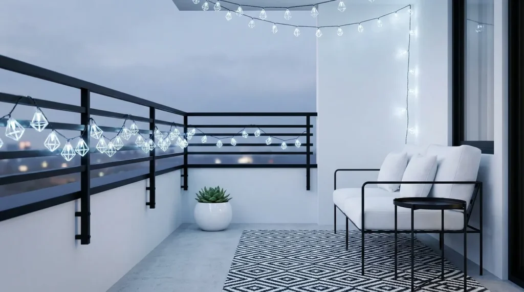 Charming Fairy Light Balcony Designs - Minimalist 
Scandinavian Nordic style apartment balcony at 
twilight with cool toned white geometric fairy 
string lights draped along black metal railings, 
clean white modern outdoor sofa with black metal 
legs, small round black metal side table, black 
and white geometric patterned rug, small green 
plants in white ceramic pots, clean white walls, 
light grey concrete floor, and soft blurred grey 
blue twilight sky with faint city view in background.