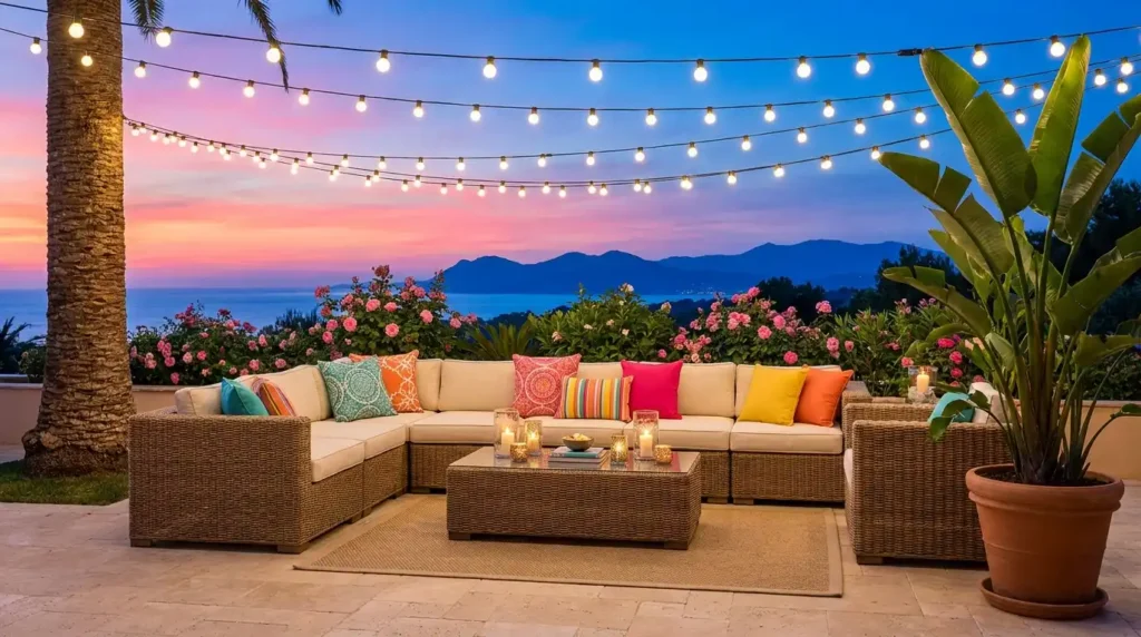 Charming Fairy Light Balcony Designs - Large outdoor 
terrace patio at twilight with multiple rows of warm 
white globe string bulb lights hanging overhead in 
parallel canopy pattern, tall palm tree on left, 
tropical banana leaf plant on right, large L shaped 
wicker rattan sectional sofa with cream cushions and 
colorful teal orange pink yellow throw pillows, 
rectangular glass top wicker coffee table with glowing 
candle holders, light beige stone tile floor, and 
stunning ocean sea view with dark blue mountain 
silhouette and pink orange blue twilight sky in 
background.