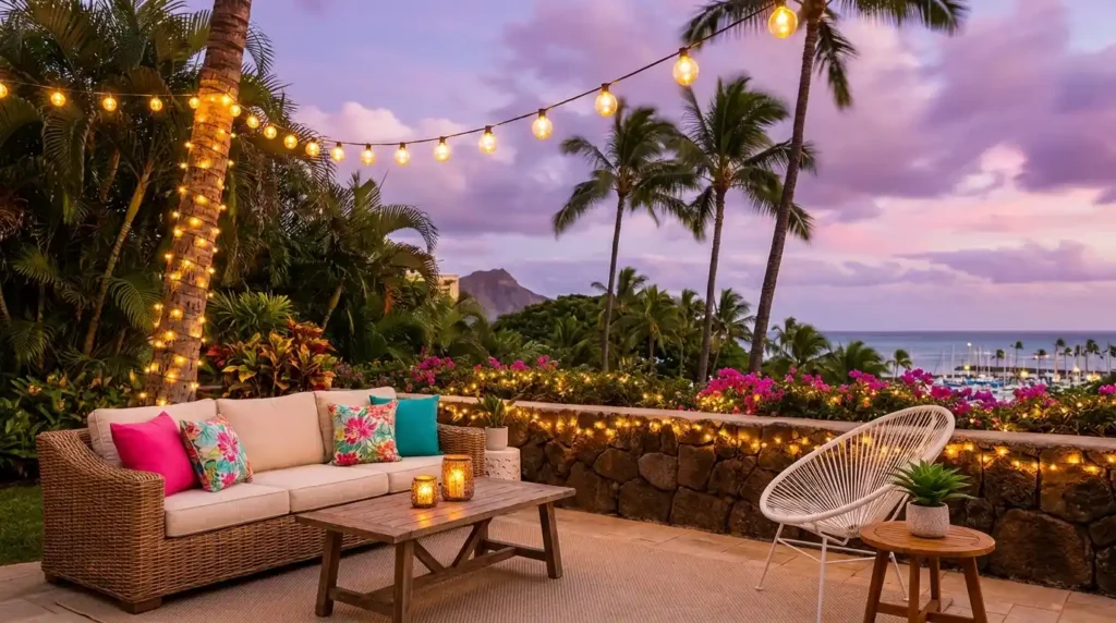 Charming Fairy Light Balcony Designs - Tropical 
outdoor terrace at sunset twilight with warm golden 
globe string bulb lights hanging overhead and wrapped 
around palm tree trunk, large wicker sofa with cream 
cushions and colorful pink teal floral pillows, rustic 
wooden coffee table with glowing candle lanterns, 
white Acapulco chair, pink bougainvillea flowers along 
terrace wall, and stunning ocean sea view with purple 
pink dramatic sunset sky and mountain silhouette in 
the background.