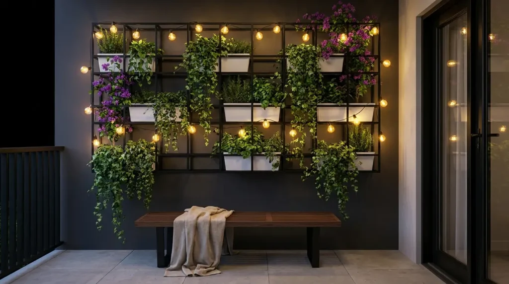 Charming Fairy Light Balcony Designs - Modern 
apartment balcony at night with large black metal 
grid frame vertical garden wall filled with lush 
green trailing plants, ivy, herbs and purple 
flowering plants in white rectangular planters, 
warm golden globe string bulb lights weaved through 
vertical garden frame, slim dark wooden slatted 
bench with beige linen throw blanket below, light 
grey concrete tile floor, and black framed glass 
door on right side.