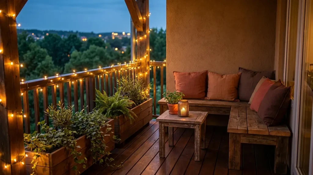Charming Fairy Light Balcony Designs - Cozy apartment 
balcony at twilight with warm golden fairy string 
lights draped along railings and wrapped around wooden 
elements, rich natural dark wooden deck floor, solid 
wooden bench with earthy rust brown linen cushions, 
rustic wooden side table with candle lantern and 
green plant, wooden planter boxes with trailing 
plants along railing, warm earthy brown terracotta 
olive green color palette, and soft blurred city 
view with deep blue twilight sky in background.