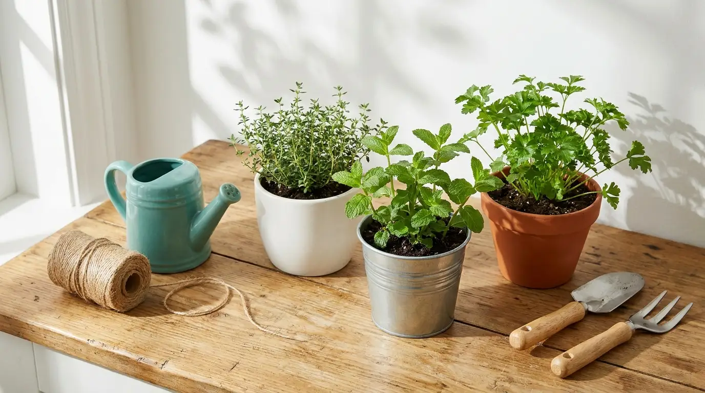Fresh herb pots on kitchen counter with teal watering can, jute twine, and wooden garden tools in natural sunlight

