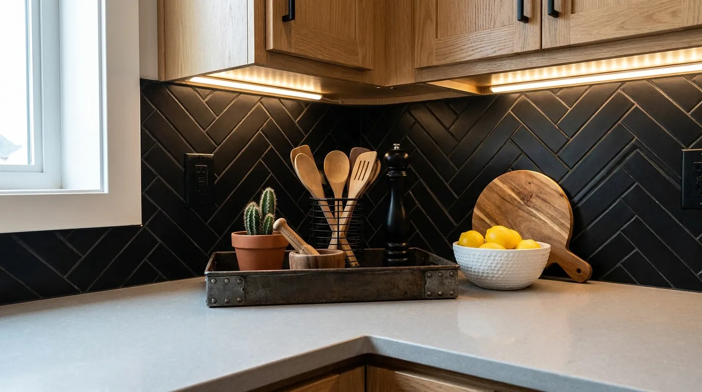 Modern kitchen counter decor with metal tray, wooden utensils, succulent plant, pepper mill, and black herringbone tile backsplash

