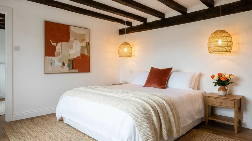 Warm bedroom designs with abstract orange wall art, rattan pendant lights, wooden ceiling beams and white bedding