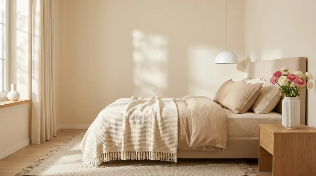 Warm bedroom designs beige cream with dome pendant light, waffle knit throw blanket, ribbed ceramic vase and pink flowers