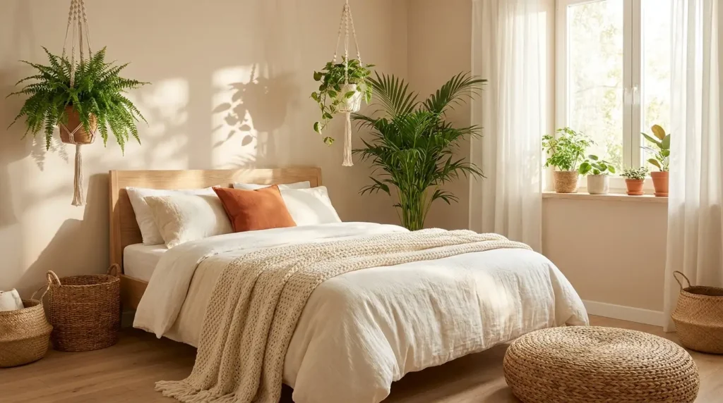 Warm bedroom designs with hanging indoor plants, wooden headboard, white bedding and natural sunlight