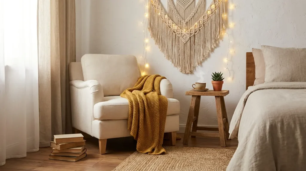 Warm bedroom designs cozy reading corner with mustard throw blanket, armchair, macrame wall art and string lights