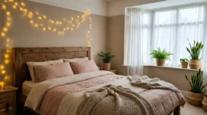 Warm bedroom designs with string lights, wooden headboard, blush pink bedding and indoor plants