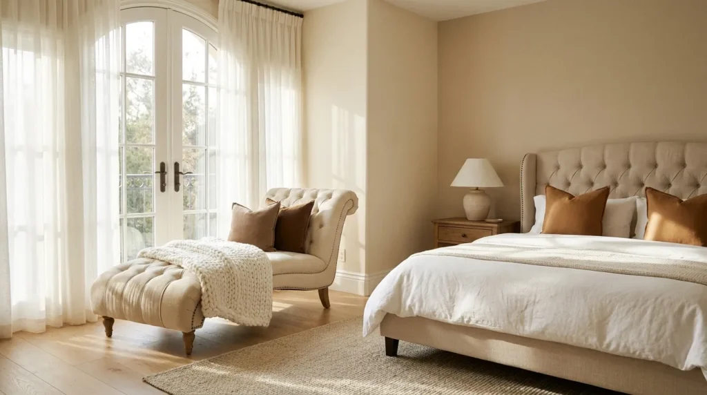 Warm bedroom designs with cream beige chaise lounge, white knit throw blanket, tufted bed and arched French doors