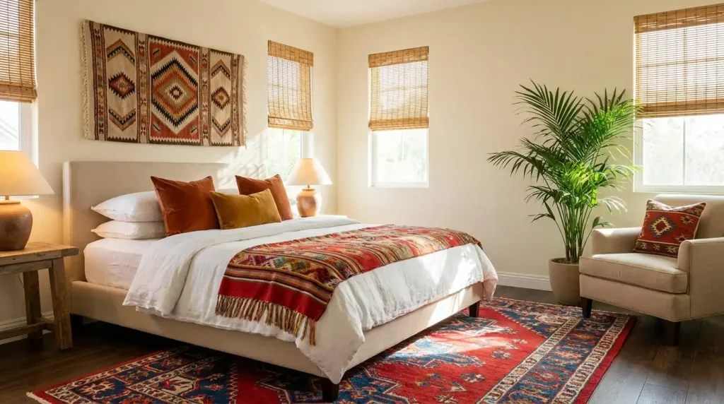 Warm bedroom designs with ethnic aztec textiles, geometric area rug, tapestry wall art and tropical indoor plants