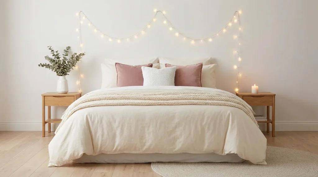 Warm bedroom designs with fairy string lights, cream bedding, dusty pink cushions and light oak wooden furniture