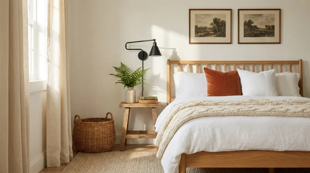 Warm bedroom designs farmhouse style with cable knit throw blanket, wooden bed frame, black wall sconce and terracotta cushion
