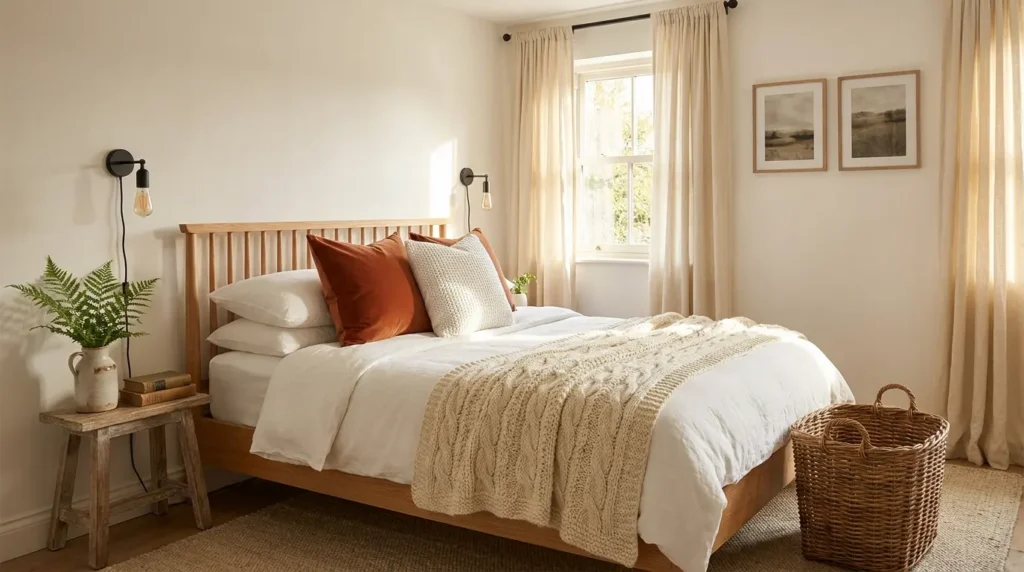Warm bedroom designs farmhouse style with cable knit throw blanket, wooden bed frame, black wall sconce and terracotta cushion