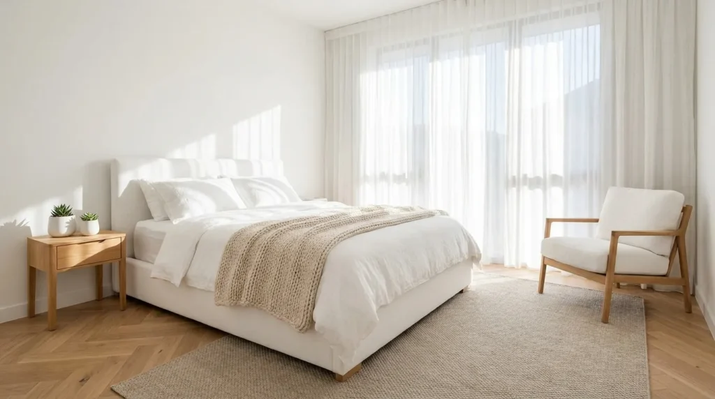 Warm bedroom designs minimalist scandinavian style with white bedding, oak furniture, succulent plants and sheer curtains