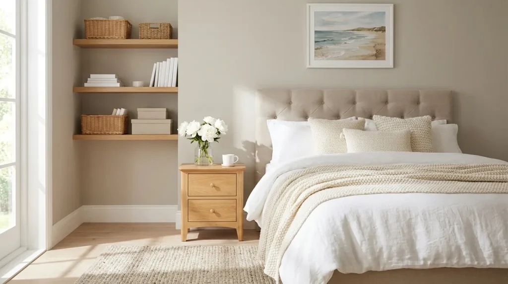 Warm bedroom designs with floating shelves, beige tufted headboard, white bedding, oak bedside table and white peony flowers