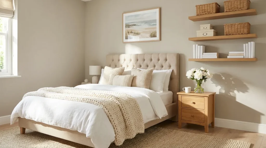 Warm bedroom designs with floating shelves, beige tufted headboard, white bedding, oak bedside table and white peony flowers