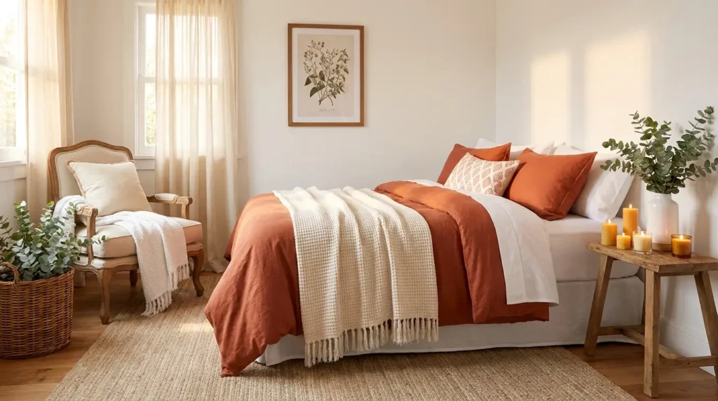 Warm bedroom designs with terracotta orange duvet, cream waffle throw, vintage armchair, candles and eucalyptus branches