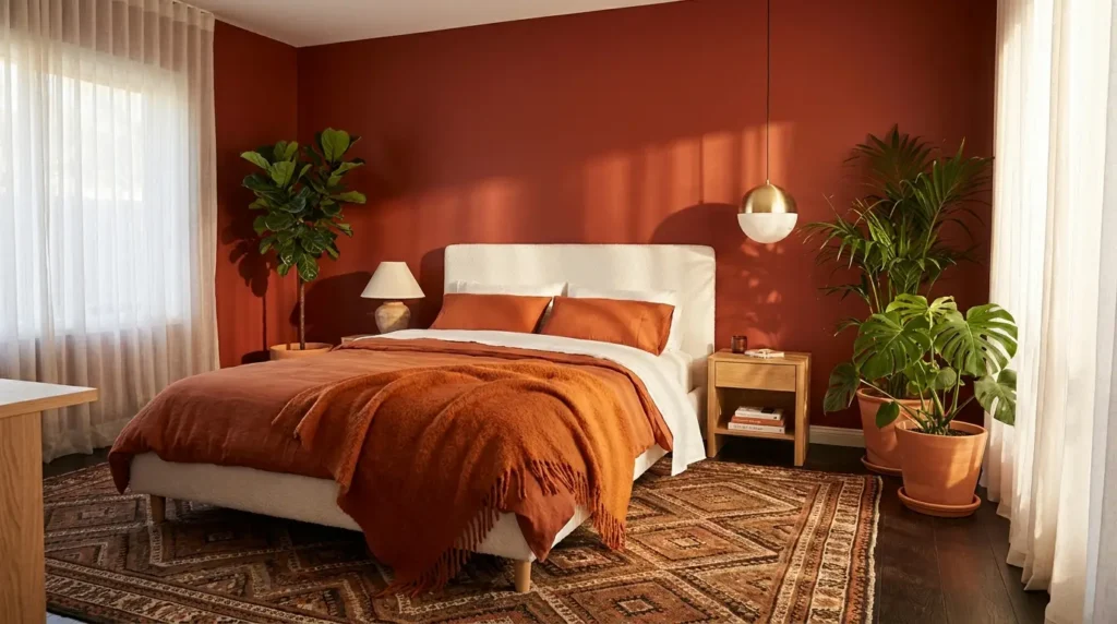 Warm bedroom designs with terracotta red walls, white headboard, orange bedding and gold pendant light