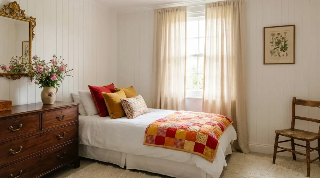 Warm bedroom designs with vintage patchwork quilt, dark wooden dresser, gold ornate mirror and white wood panel walls
