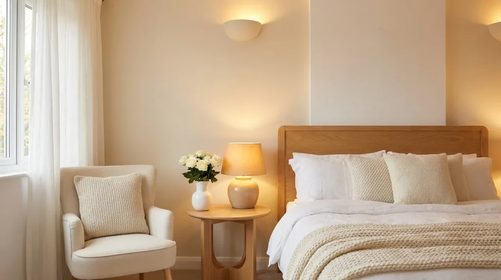 Warm bedroom designs with white cream luxury bedding, wooden headboard, glowing table lamp and cream armchair