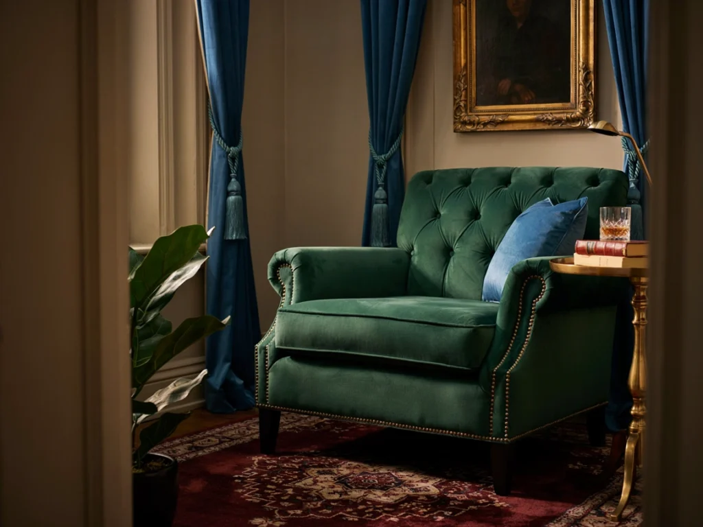 Bold 90s color palette with jewel tones in a living room