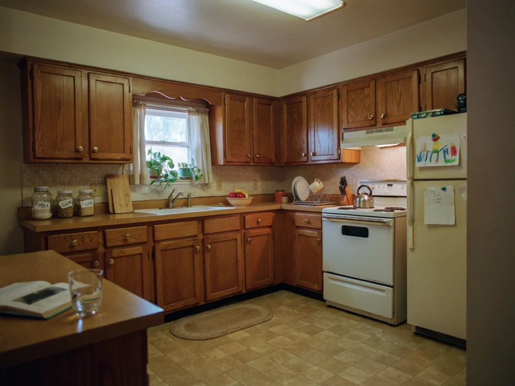 Nostalgic 90s kitchen with oak cabinets and brass hardware