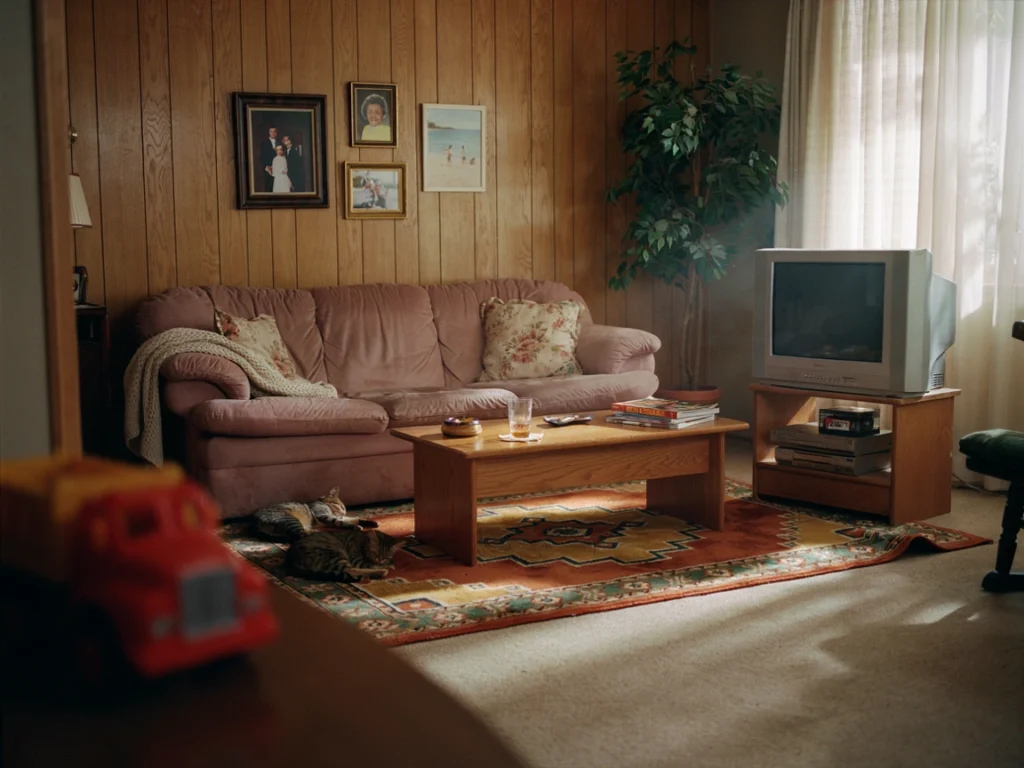 Nostalgic 90s home decor trend with mauve sofa and wood paneling