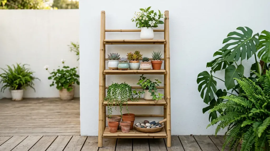 Small patio design idea with natural bamboo ladder shelf styled with succulents and potted green plants