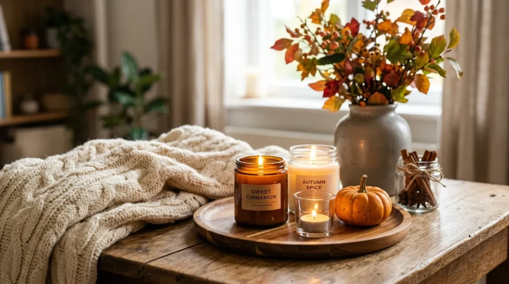 Cozy fall fragrance styling with lit candles on a wooden tray, mini pumpkin, and autumn leaf branches as part of a fall home makeover