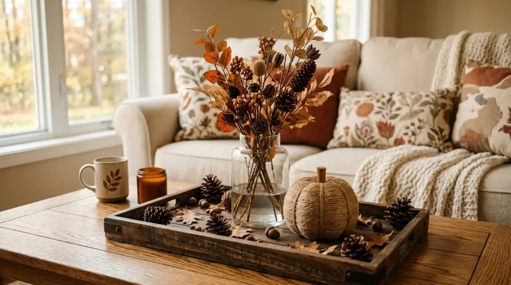 Fall home makeover coffee table styling with dried autumn branches in a glass vase, twine pumpkin, and pinecones on a wooden tray
