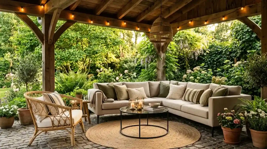 Small patio design with beige sectional sofa, olive cushions, jute rug and lush green garden view