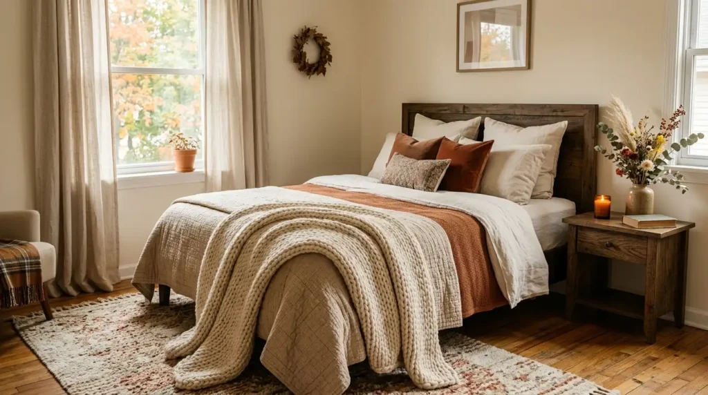 Cozy fall home makeover bedroom with warm beige layered blankets, chunky knit throw, and soft ambient lighting