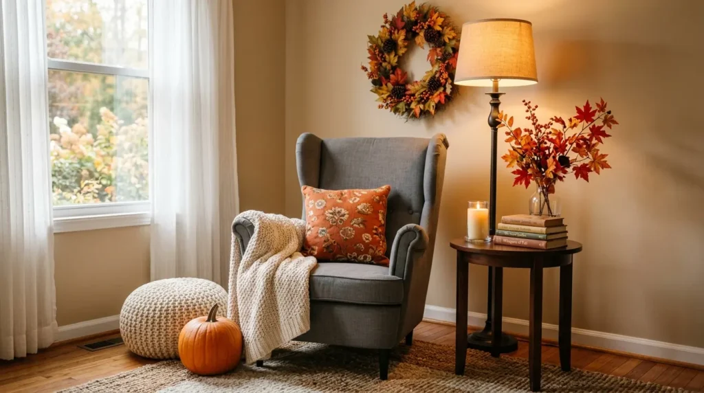 Cozy fall reading nook with gray wingback chair, chunky knit throw, orange cushion, warm lamp light, and fall wreath as part of a fall home makeover