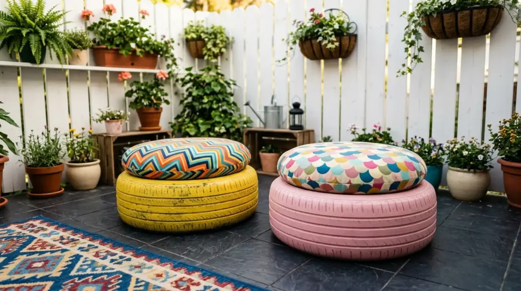 Small patio design with DIY repurposed tire seats painted yellow and pink with colorful fabric cushions