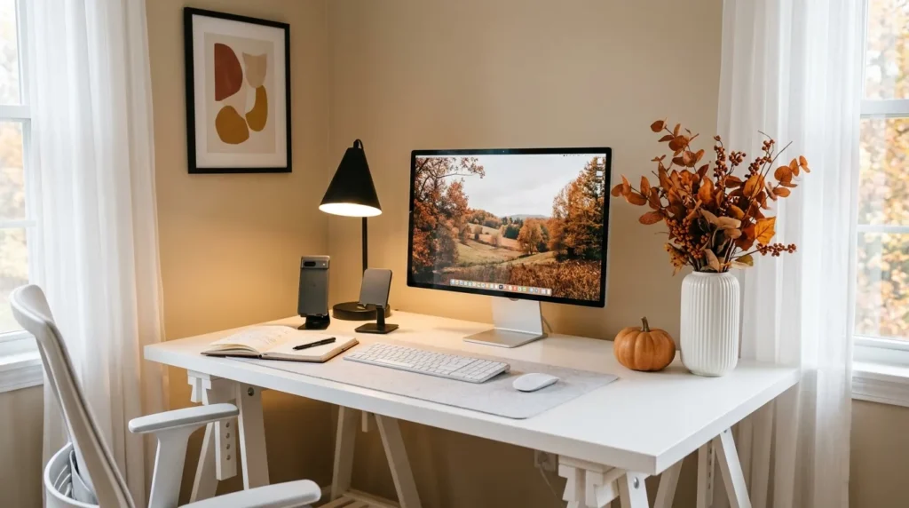 Organized fall home office desk with dried rust branches in a white vase, small pumpkin, and warm desk lamp as part of a fall home makeover reset
