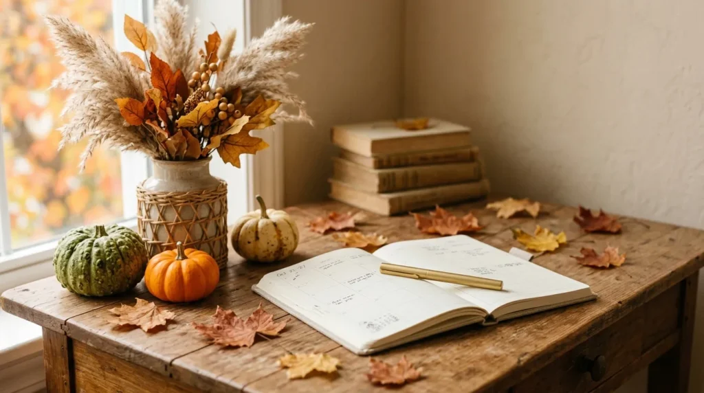 Fall home makeover cleaning schedule planning with an open notebook, gold pen, pumpkins, and dried autumn leaves on a warm wooden desk