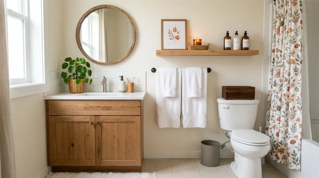 Clean and cozy fall bathroom reset with wooden vanity, round mirror, white fluffy towels, and green plant as part of a fall home makeover