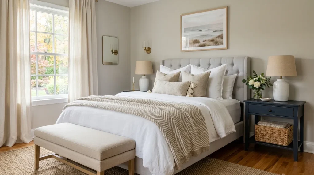 Cozy fall bedroom redesign with tufted gray headboard, white bedding, chevron knit throw, and dark nightstand as part of a fall home makeover