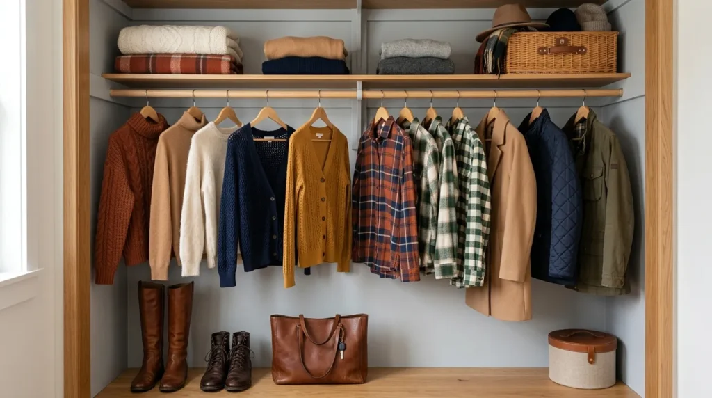 Neatly organized fall closet with warm tone sweaters on wooden hangers, stacked blankets, leather boots, and wicker basket as part of a fall home makeover