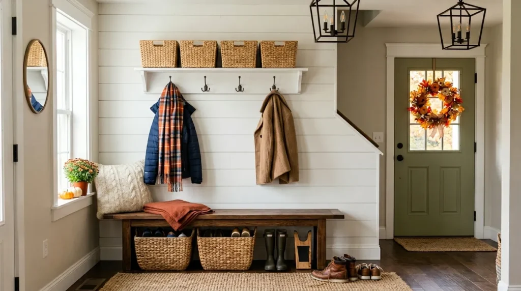 Organized fall entryway makeover with wall-mounted coat hooks, wicker baskets, wooden bench, and a fall wreath on the front door