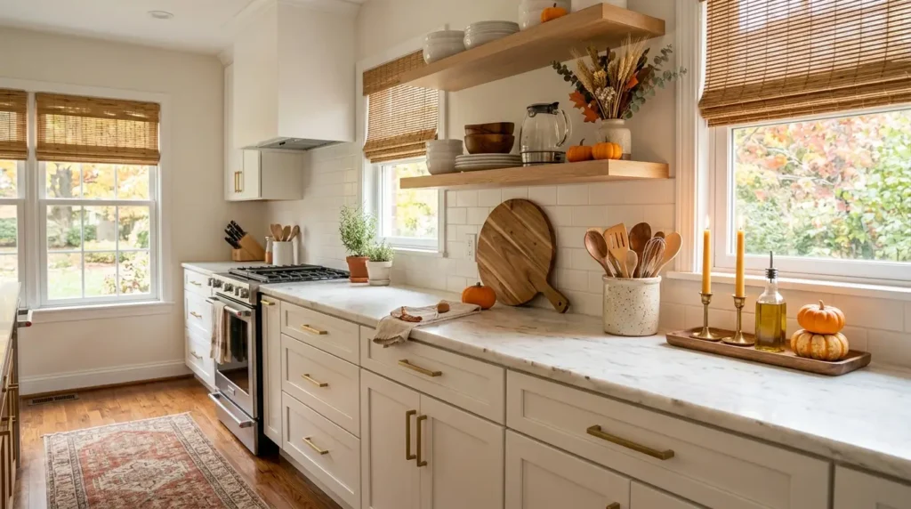 Bright fall kitchen makeover with white cabinets, open wood shelves, orange pumpkins, and wooden utensils styled on a marble countertop