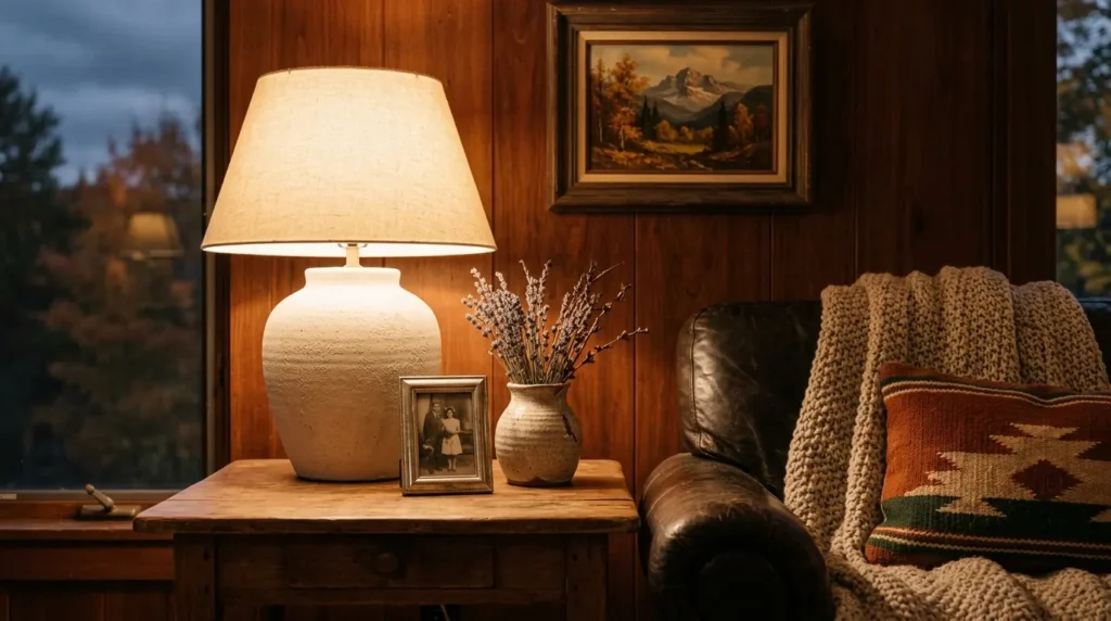 Cozy fall home makeover corner with a large white ceramic table lamp casting warm amber light on a wooden side table with dried florals and a photo frame
