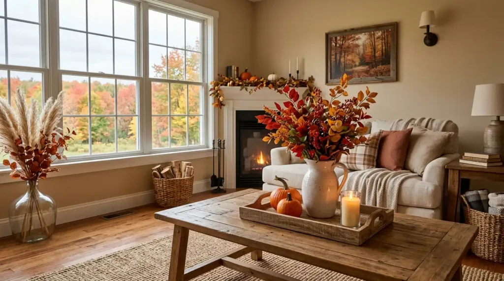 Warm fall living room with rustic coffee table tray, white pitcher vase filled with autumn branches, orange pumpkins, and pillar candle as part of a fall home makeover