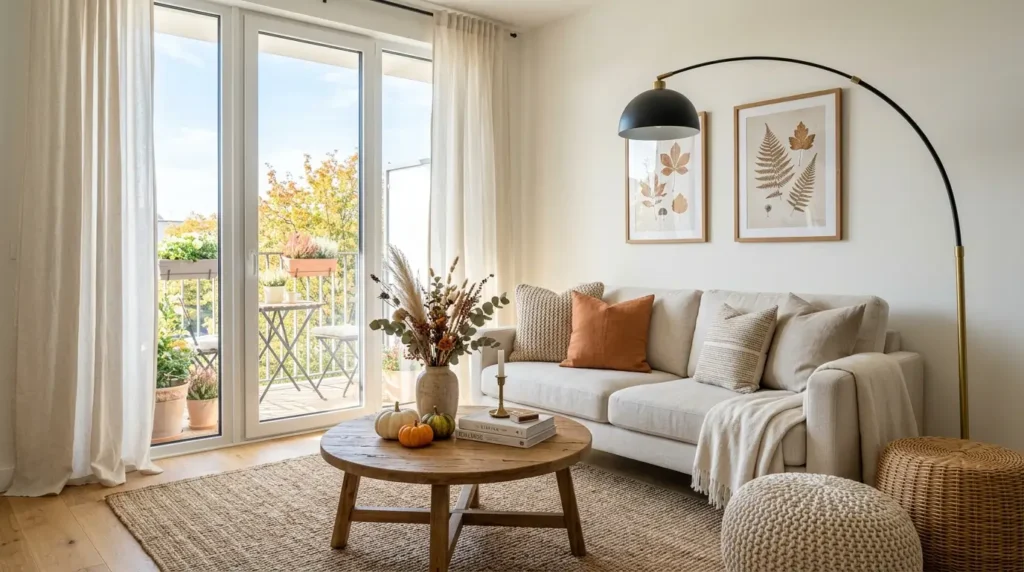 Clean and refreshed living room with cream sofa, round wooden coffee table, and fall decor accents as part of a fall home makeover reset