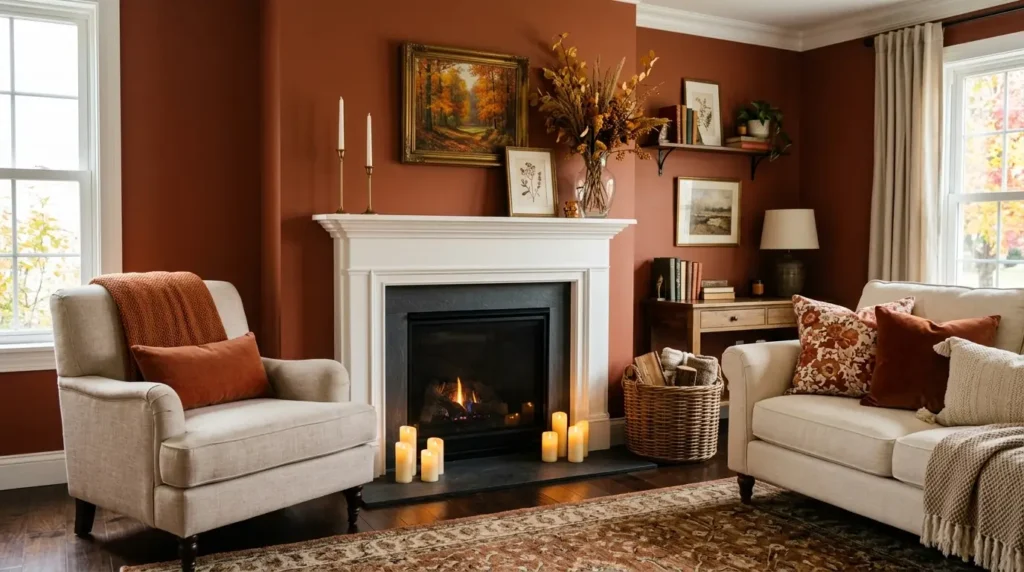 Warm fall home makeover living room with terracotta walls, white fireplace mantel, dried branches, and rust orange fall color palette