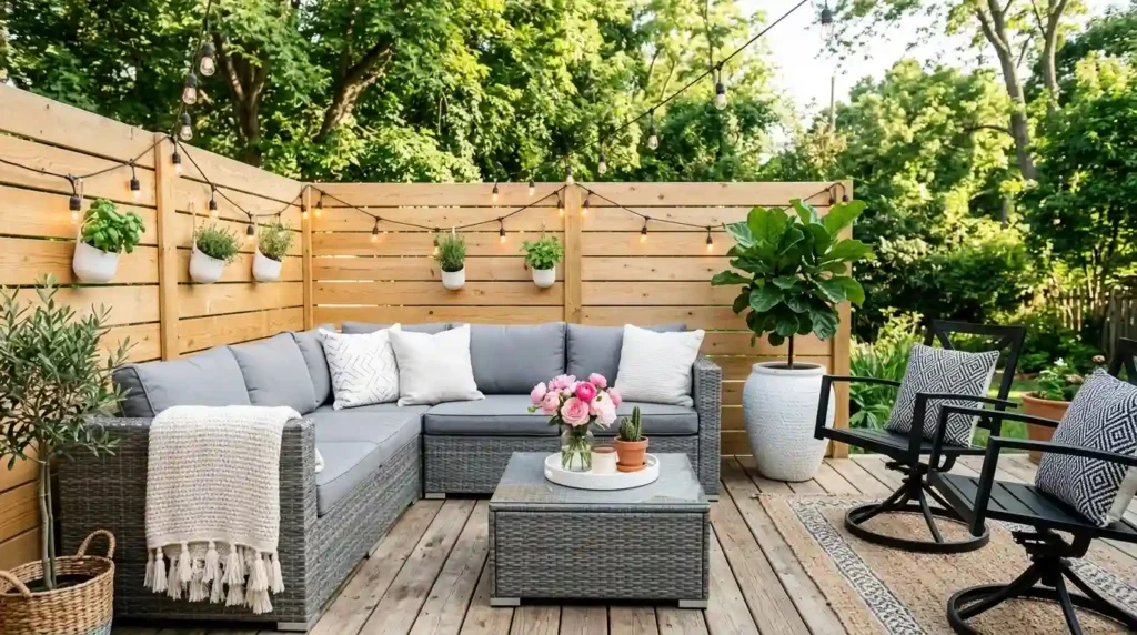 Small patio design on wood deck with gray wicker sectional sofa, string lights and wood slat privacy wall