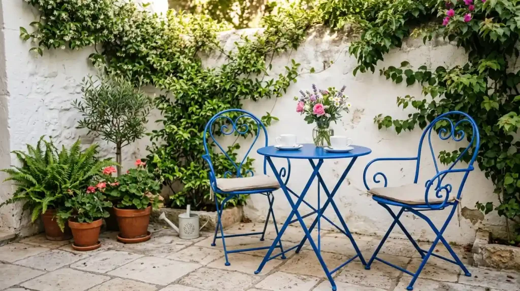 Small patio design with colorful foldable cobalt blue bistro set and potted plants for budget outdoor decor