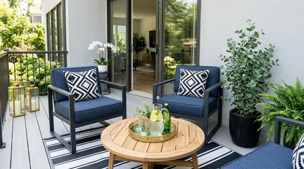 Small patio design with charcoal metal chairs, navy cushions, geometric rug and gold lantern decor