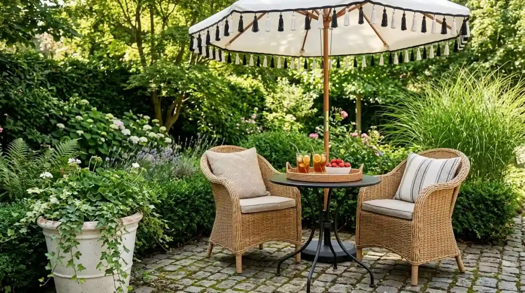 Small patio design with wicker chairs, black table, tassel umbrella and ivy planter in garden setting