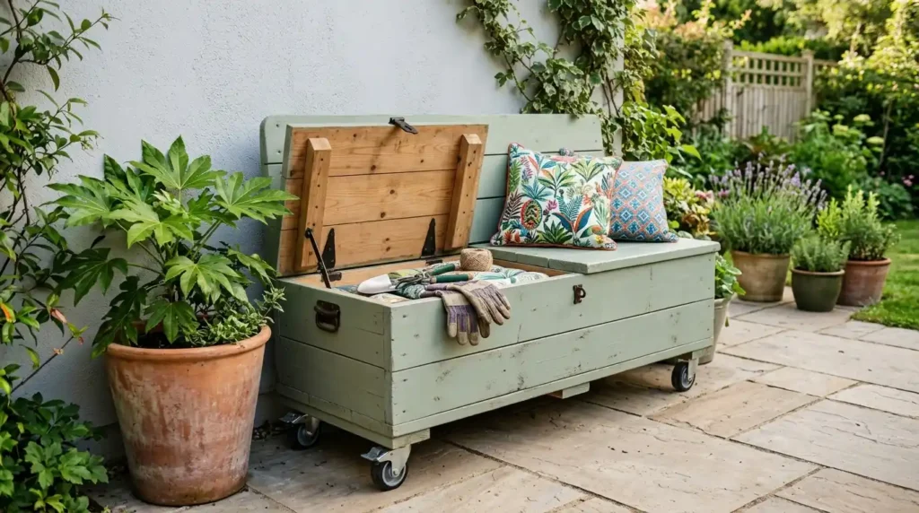 Small patio design with sage green DIY wooden storage bench with wheels and colorful cushions